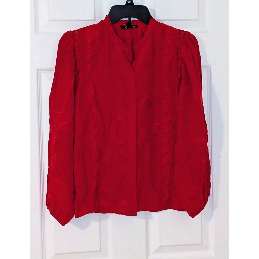 J.Crew CN519 Red Lace Trim Pintuck Ruffle Blouse‎ Top Size 0 NWT  $98